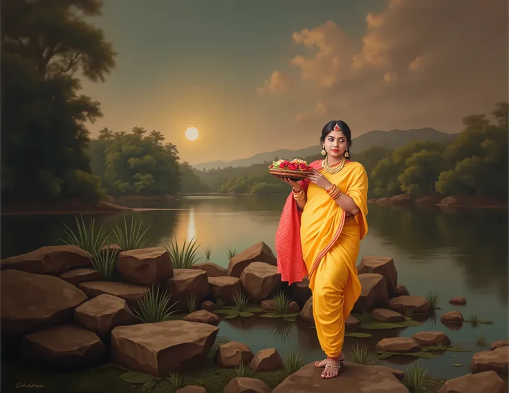 painting of a woman in a yellow sari standing on rocks by a river, inspired by Raja Ravi Varma, inspired by T. K. Padmini, oil painting of realistic woman, by T. K. Padmini, oil on canvas painting, award-winning oil painting, hyperrealist portrait in a riv...