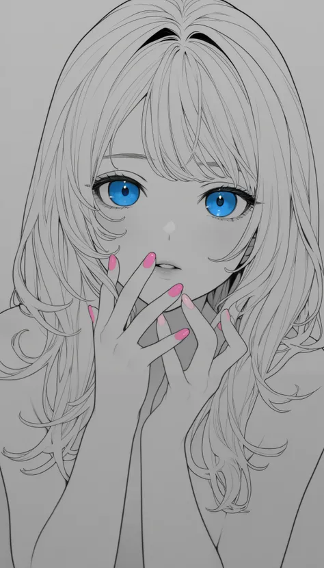 Line art, black and white,deep, blue eyes,pink nails,pierce