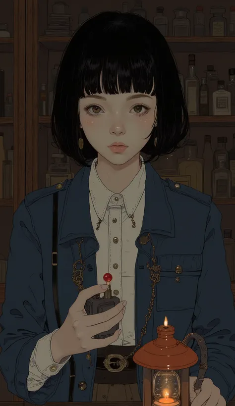  Super Real、  photorealistic 、A woman lights an oil lamp with a lighter,Clear white skin 、hair、  voluminous short hair 、  wears a white shirt inside a navy blue jacket 、 beautiful woman、  Front Shot、  upper body、 dark room