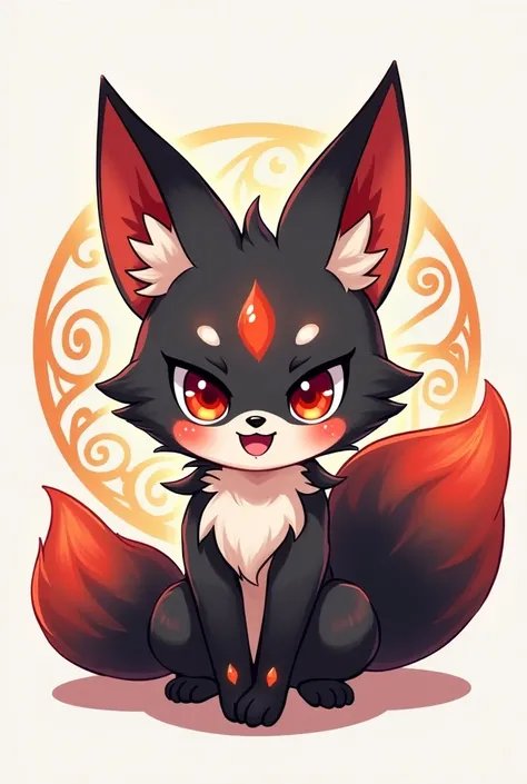 Discord mascot animal kitsune chibi black red and touches of gold, nine-tailed fox