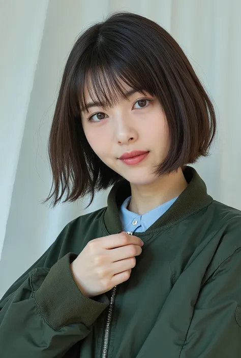 The image is a portrait of a young woman named hamabe with semi-long dark brown hair and bangs. cropped shirt with jacket, with short hair, she is wearing streetwear, woman in streetwear, casual clothing style, jinyoung shin, ad image, green colored bomber...