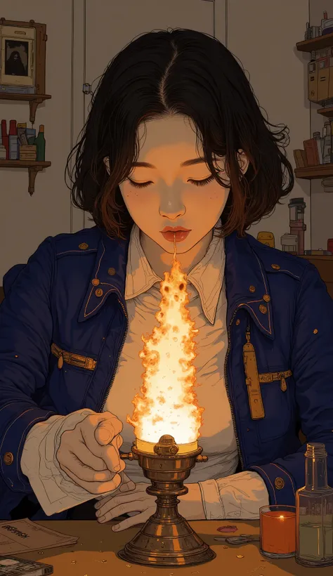  Super Real、  photorealistic 、 A woman who emits flame magic using a lighter's fire as a catalyst in an oil lamp,Clear white skin 、hair、  voluminous short hair 、  wears a white shirt inside a navy blue jacket 、 beautiful woman、  Front Shot、  upper body、Fir...