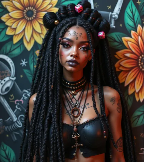  Dreadlocks with colorful sprinkles on her hair,Cool Beauty with Gothic Lolita Items 、Dice tattoo 、  abstract and figurative art style , Afro-Colombian theme  , Hard Edge Painting, Black and white art, Floral Explosion,   I can't believe how beautiful this...