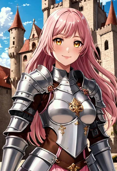 masterpiece, best quality, ultra detailed, anime style, 1girl, long hair, pink hair, yellow eyes, bikini armor, medieval castle, warm, beautiful face, happy, cowboy shot