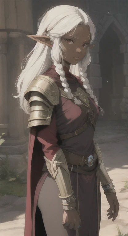 Dark skin, Ancient Hylian, Battle mage, princess Zelda, White hair, red eyes, bandit braids, looking at viewer, long messy hair, lady elf, lore. accurate Battle mage armor,