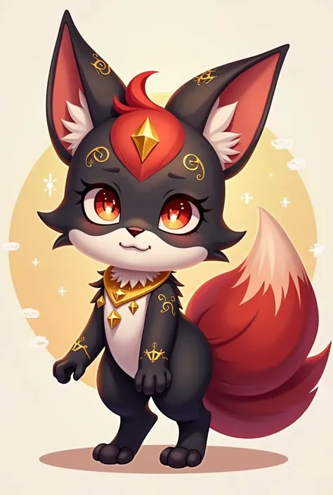 Discord animal kitsune mascot with nine tails chibi black red and touches of gold, nine-tailed fox