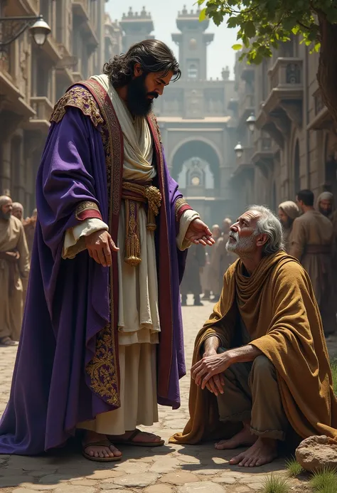 It creates a biblical image of a rich man dressed in purple and fine linen and next to him a leper beggar with dirty and torn clothes 