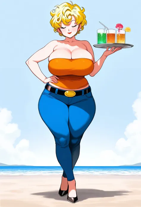 masterpiece, best quality, 1 girl, alone, blonde hair, short hair, curly hair, smile, red lips, closed eyes, wide thick hips, fat legs to ankles, standing, hand on hip, serving tray , hand up, orange top, strapless, bare shoulders, belt, blue pants, huge b...