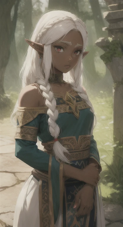 Dark skin, Ancient Hylian, sacred princess, princess Zelda, White hair, red eyes, bandit braids, looking at viewer, long messy hair, lady elf, lore. accurate dress,