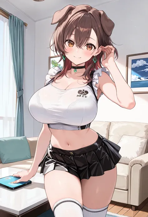 ( best quality , 8k , masterpiece , incredibly absurdres , beautiful woman , perfect body , super detailed skin , highly detailed eyes and face , 1 person ) , Inugami King , original hair color ,  brown hair  ,  dog ear , smile ,  will be happy , (  crop t...