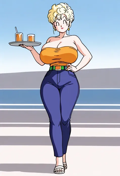 masterpiece, best quality, 1 girl, alone, blonde hair, short hair, curly hair, smile, red lips, closed eyes, wide thick hips, fat legs to ankles, standing, hand on hip, serving tray , hand up, orange top, strapless, bare shoulders, belt, blue pants, huge b...