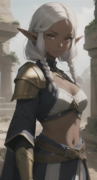 Dark skin, Ancient Hylian, Battle mage, princess Zelda, White hair, red eyes, bandit braids, looking at viewer, long messy hair, lady elf, lore. accurate Battle mage armor,