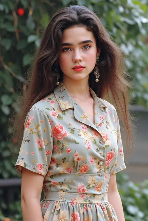 1girl, photorealistic, masterpiece:1.5, whole body shot, flower patterned cute and lovely women's combination dress 、 Jennifer Connelly at age 17, cute and lovely women's combination dress for ugly but cute baby chinchilla kittens  、  stand、 cute and lovel...