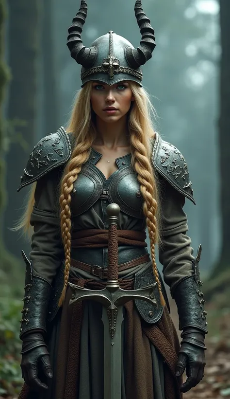 a beautiful nordic warrior woman, tall, with large blue eyes, long blonde braided hair, wearing a winged horned war helmet, cinched waist armor, holding a sword, solo figure, fantasy, photorealistic, 8k, detailed facial features, highly detailed, dramatic ...