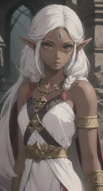 Dark skin, Ancient Hylian, sacred princess, princess Zelda, White hair, red eyes, bandit braids, looking at viewer, long messy hair, lady elf, lore. accurate dress,