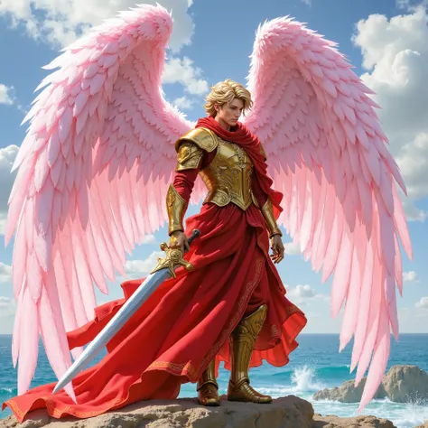 A handsome archangel man with a red gown-like jacket and gold armor 、A male archangel male figure holding the figure of a warrior with large pastel pink wings