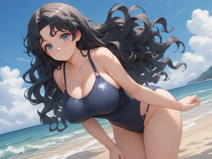  wave hair,master piece,best quality,ultra detailed, highres,panties,thick nipples, wavy hair, long black hair,Big Breasts, lean forward, Anime Girl , standing on a beach ,  Cute anime Waifu is wearing a navy blue skirted swimsuit, anime moe art style ,  A...