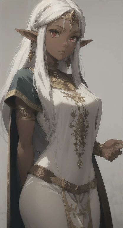 Dark skin, Ancient Hylian, sacred princess, princess Zelda, White hair, red eyes, looking at viewer, long messy hair, lady elf, lore. accurate dress,