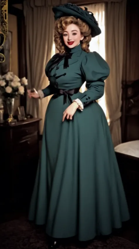 A coquettish 15yo blonde thot of the 1890s. Year 1897. ((Wearing high-collar white shirtwaist, black ribbon tie, open green jacket with puff sleeves, and wide-brimmed Gainsborough hat extravagantly topped with flowers, long green skirt)), petticoats, silk ...