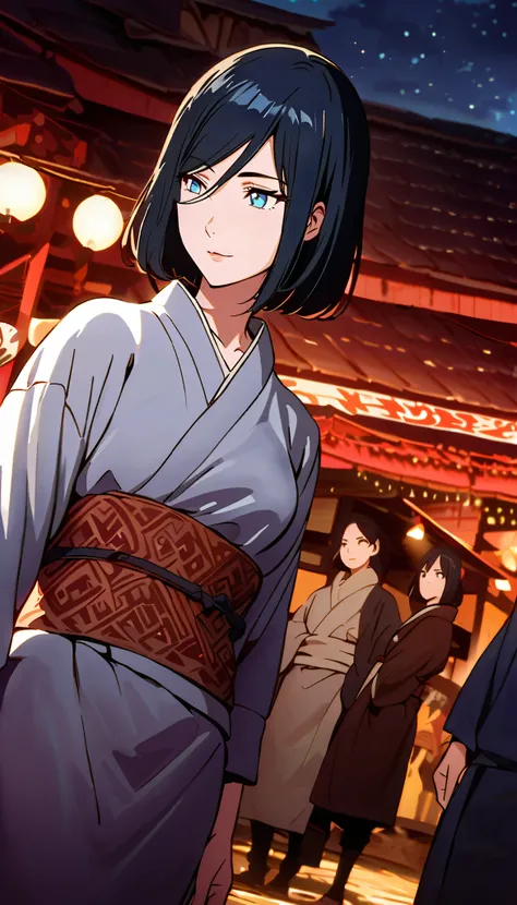 vintage movie, girl, short hair, navy hair, straight hair, woman body, at a winter festival, dutch angle, hyuga clan, shinobi village, konohagakure, ((closed mouth)), smilling, ((perfect eyes))