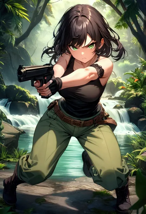 Masterpiece,bright colors, wallpaper quality, absurdres, HDR, oda non,1girl, meryl crouching in lush jungle,  action pose,, wearing black tank top, belt, green pants, fingerless gloves, boots, holding gun, green eyes, pointing gun at viewer, river, focused...