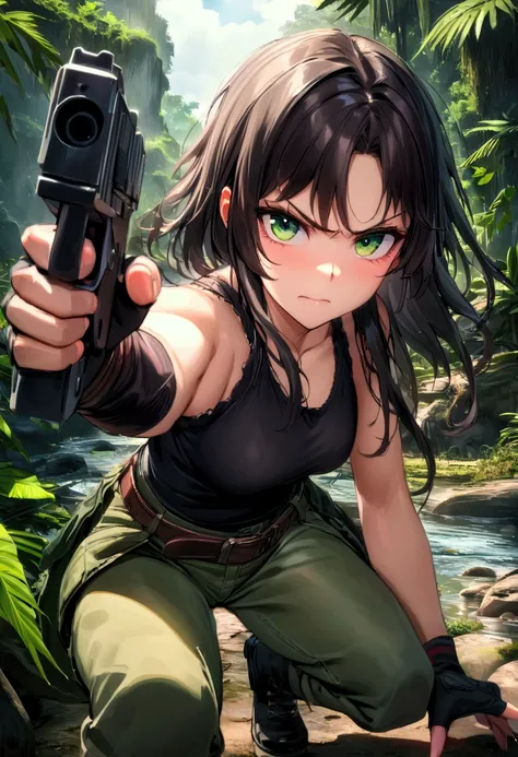 Masterpiece,bright colors, wallpaper quality, absurdres, HDR, oda non,1girl, meryl crouching in lush jungle,  action pose,, wearing black tank top, belt, green pants, fingerless gloves, boots, holding gun, green eyes, pointing gun at viewer, river, focused...