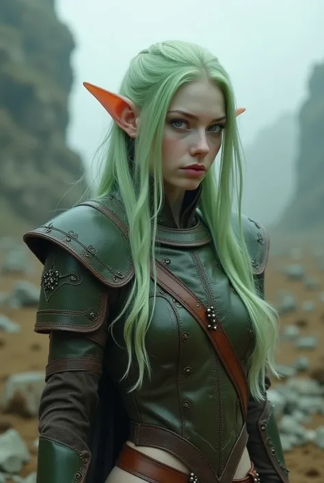 Upper body shot, female, pointy elf ears, white skin, pastel green hair, closed mouth, ancient elven leather armor, combat pose, dynamic pose, complex fantasy character, NSFW, cinematic lighting, fantasy, magic, detailed background, on a ravaged battlefiel...