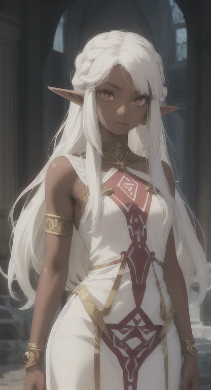 Dark skin, Ancient Hylian, sacred princess, princess Zelda, White hair, red eyes, looking at viewer, long messy hair, lady elf, lore. accurate dress, fit,