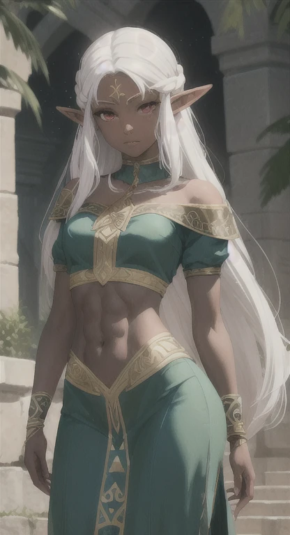 Dark skin, Ancient Hylian, sacred princess, princess Zelda, White hair, red eyes, looking at viewer, long messy hair, lady elf, lore. accurate dress, abs,