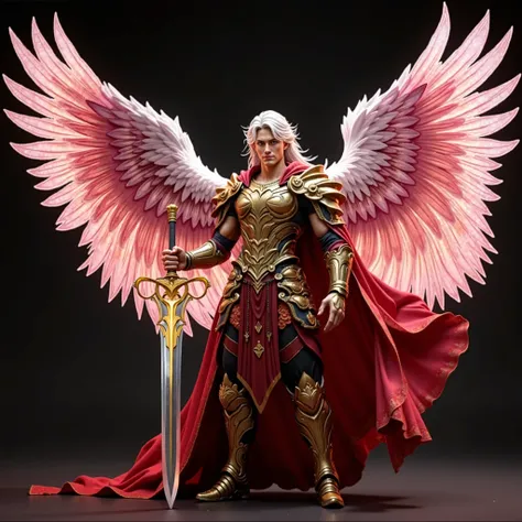 A handsome archangel man with a red gown-like jacket and gold armor 、A male archangel male figure holding the figure of a warrior with large pastel pink wings,