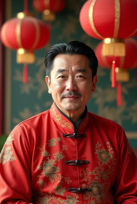 A 50-year-old man with black hair wearing a red Chinese New Year dress