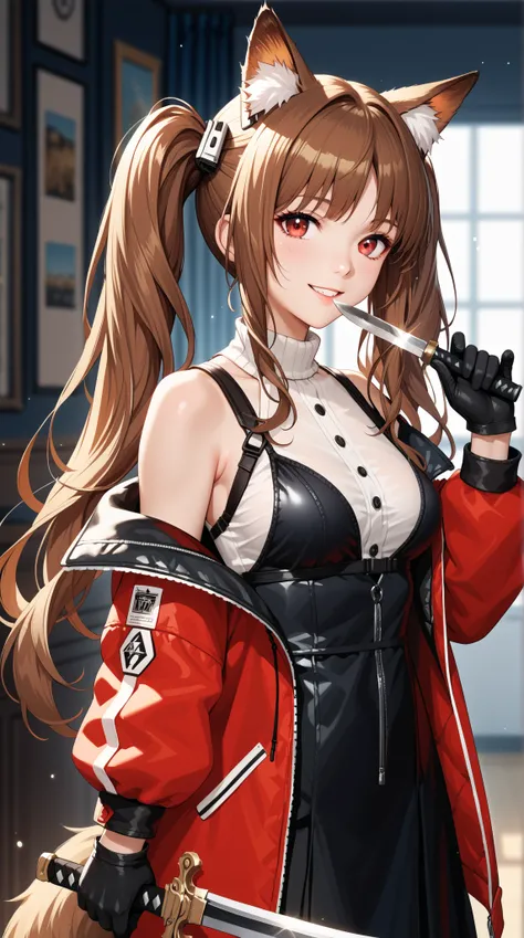 (((masterpiece))), ((best quality)), ((ultra-detailed)), (illustration), (detailed light), (an extremely delicate and beautiful), source_cartoon anime, a girl with long hair holding a large knife in her hands smiling 1girl, angelina (arknights), solo, red ...