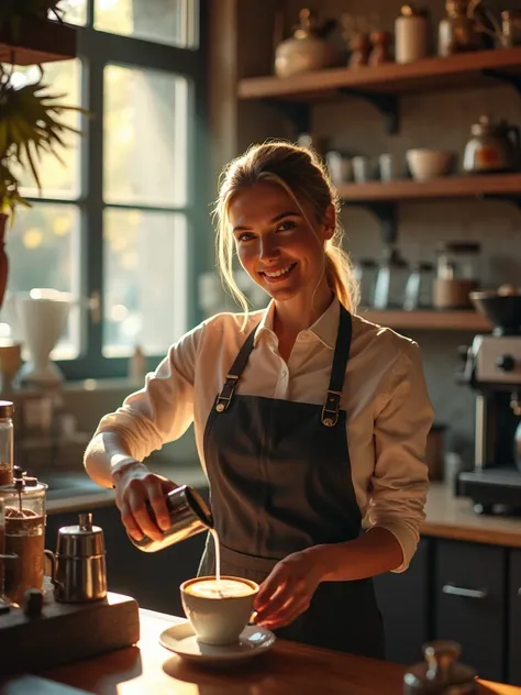 A stunning female barista with a warm, inviting smile stands behind the counter of a cozy artisan café. She wears a stylish apron over a casual yet elegant outfit, her hair neatly tied back. Sunlight streams through large windows, casting a golden glow on ...