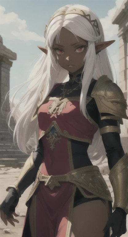 Dark skin, Ancient Hylian, apocalypse princess, princess Zelda, White hair, red eyes, looking at viewer, long messy hair, lady elf, lore. accurate armor,