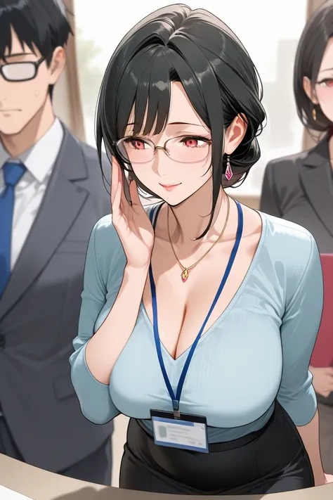 1girls black hair glasses mature female mature woman milf office lady red eyes