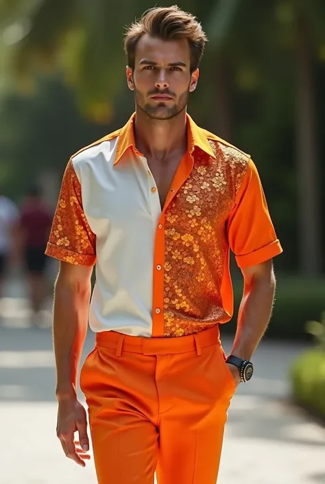 Men's short sleeve dress shirt with right side with orange sequins and the left side of satin, This man must be wearing orange shorts, The walk must be outside the shorts and cannot be tight. retire a camisa de dentro da bermuda