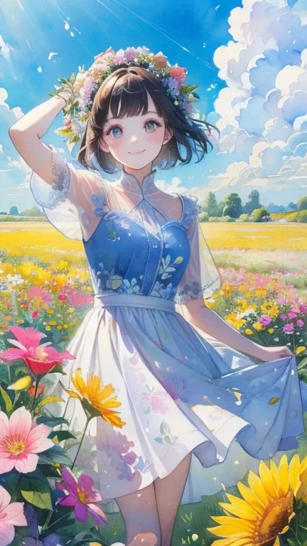 (masterpiece、highest quality、highest quality、Beautiful and beautiful:1.2)、Good anatomy、（Watercolor 1.5）、Drawing of a girl with straight short hair、Beautiful smile、pure white costume、pure、Charm、One puppy、looking at the camera、Flowers and leaves、Botanical Ar...