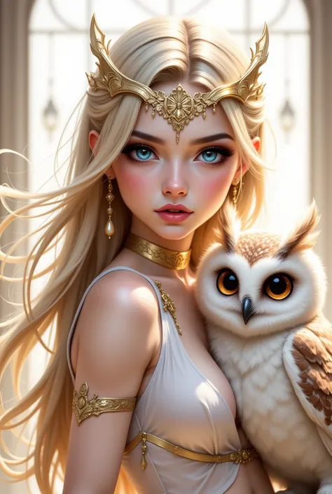 This is a digital illustration created in a hyper-realistic style, showcasing a young woman with striking features and an owl perched on her shoulder. The woman has long, flowing, platinum blonde hair that cascades down her back and shoulders, adorned with...