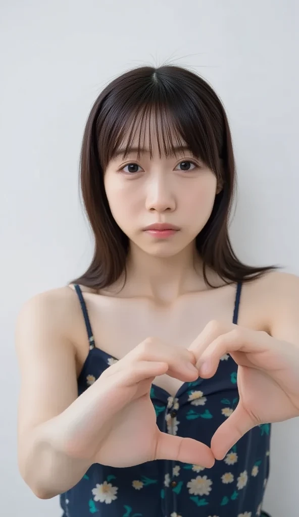  Super Fine、Picture of her face 、 and she has a smile showing her teeth, I&#39;m wearing a camisole,  I'm posing with my hands crossed in the shape of a heart in front of my chest、The background is plain 、    high definition  、細部にわたって   high definition  