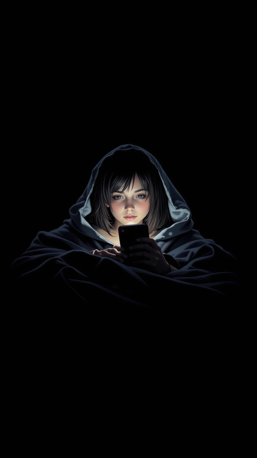 A minimalist line-art illustration of a girl under a blanket, illuminated by the soft glow of her phone, painting graphit style, black background