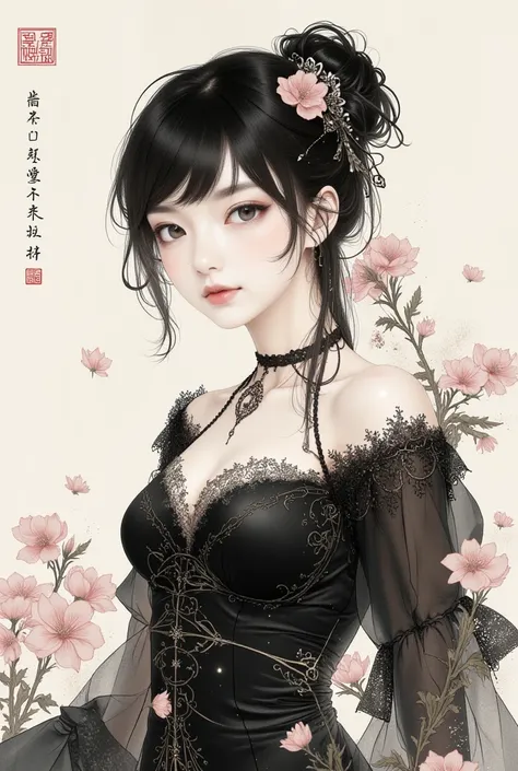 ( Traditional Chinese Ink Painting),portrait,1 Female,  Falling Petals , upper body, black_dress with a gothic twist ,hair_Decoration,