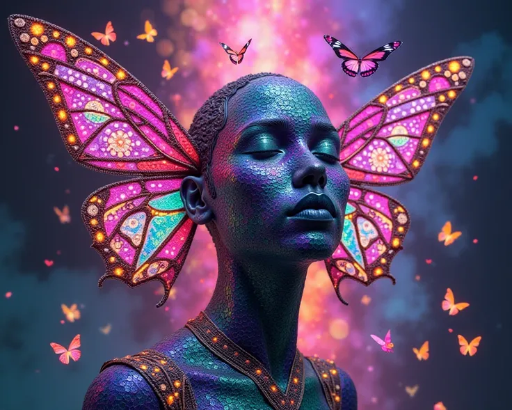 A surreal and vibrant figure of serenity and spirituality, intricately designed with mosaic-like patterns in neon pink, purple, blue, green, and orange hues. The face is adorned with multifaceted, glowing geometric shapes, while detailed wings envelop the ...