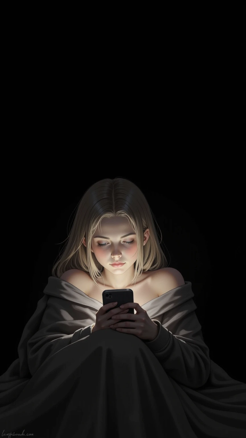 Create a minimalist line-art illustration of a girl under a blanket, illuminated by the soft glow of her phone, painting graphit style, black background