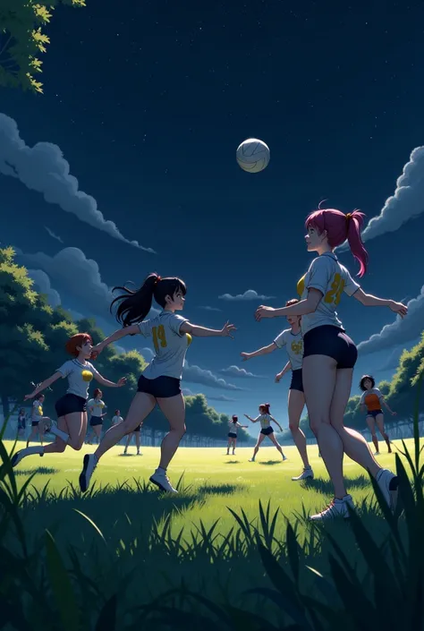 GIRLS PLAYING VOLLEYBALL ON AN OPEN FIELD WITH GRASS AT NIGHT