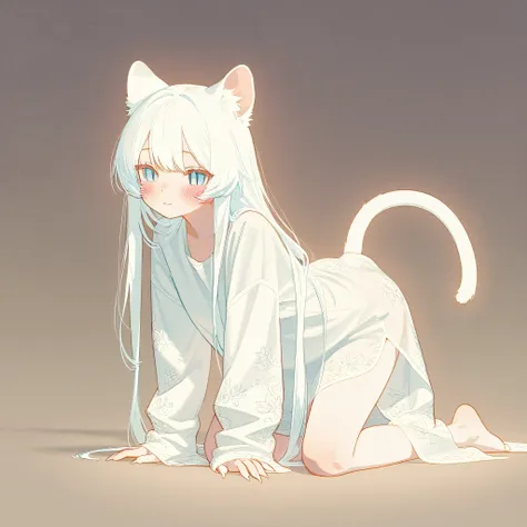 1 girl, small stature, icy blue eyes with slit pupils, delicate features, feline ears with soft white fur, long silky white hair, kneelength, heart-shaped face, blush on cheeks, gentle smile, perky feline ears, expressive tail, alabaster skin, translucent ...