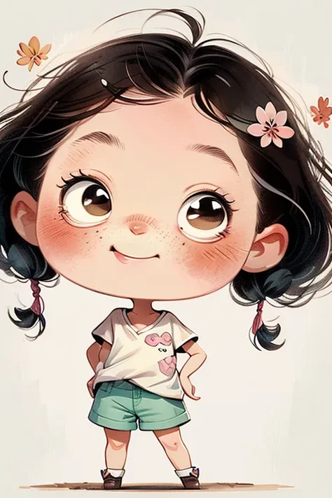 watercolor painting，Chibi A cartoon young girl wearing a pink v-neck shirt and white shorts, big smile with teeth, large cute eyes, cute digital painting, cute digital art, Lovely and detailed digital art, cute portrait, cartoon art style, Super cute and s...