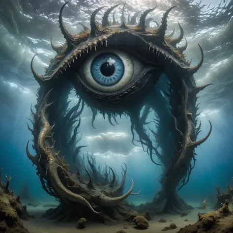 (, the huge demonic eye of a colossal creature looks from below out of the water:1.5), ( Vertical view from above ), (высокое плато с льющимся водопадом в горное black water lake и ветвистыми деревьями), (on the right, a giant sea creature , elongated scal...