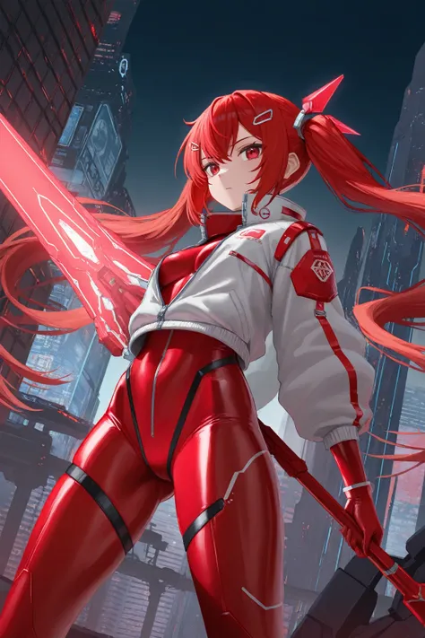 Maliss q red ransom, fully clothed, extremely beautiful, red hair, red eyes, futuristic city, 1girl, solo, tight body suit, red bodysuit, white zipped jacket, long twintail hair, futuristic hairclips, holding futuristic spear, holding railgun