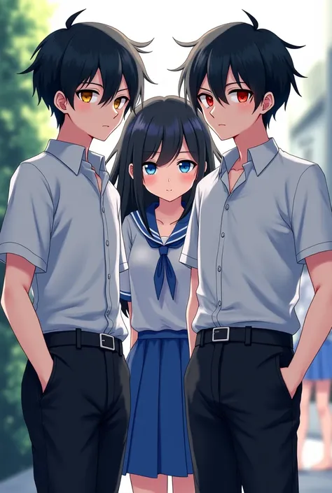 Two twin anime boys,  black hair, Right eyes red , yellow left eye, school uniform white shirt, black pants and a girl in the back with school uniform,  black hair, blue eyes,  blue, blue skirt