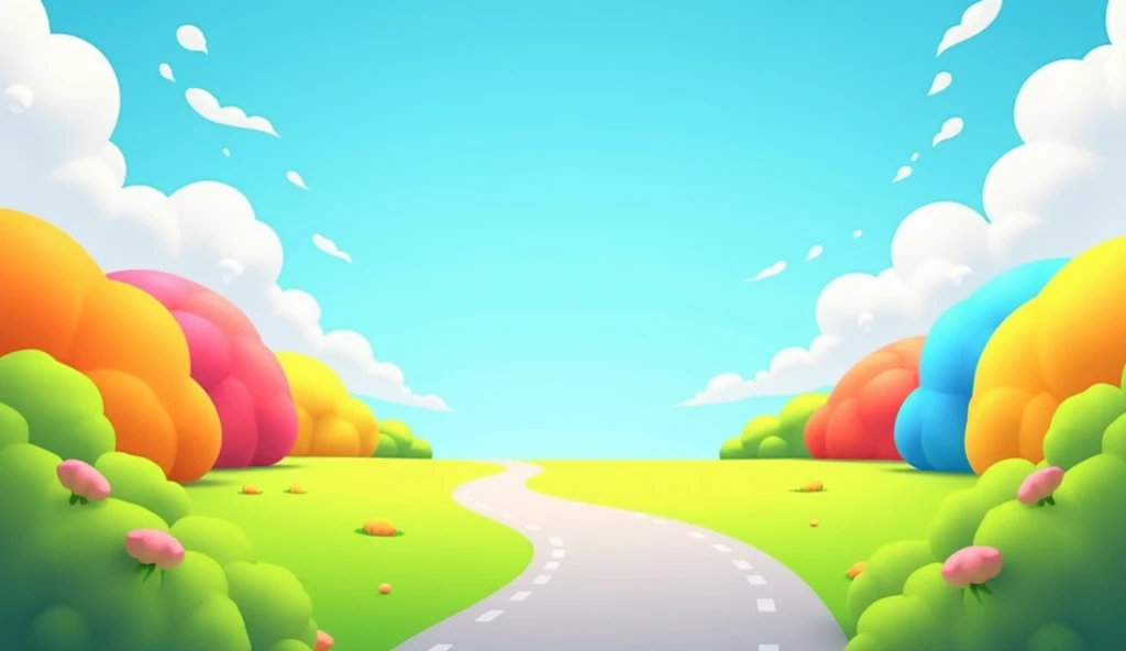  A vibrant and fun landscape , ideal as a background for videos on YouTube in a 16 :9.  Include a clear blue sky with stylized white clouds ,  a bright green lawn and colorful geometric elements inspired by fruits (orange,  red, yellow, pink and blue). Use...